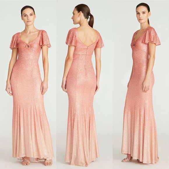 Theia Couture $749 Ombre Sequin Flutter Sleeve Maxi Evening Gown NWT - Picture 6 of 15